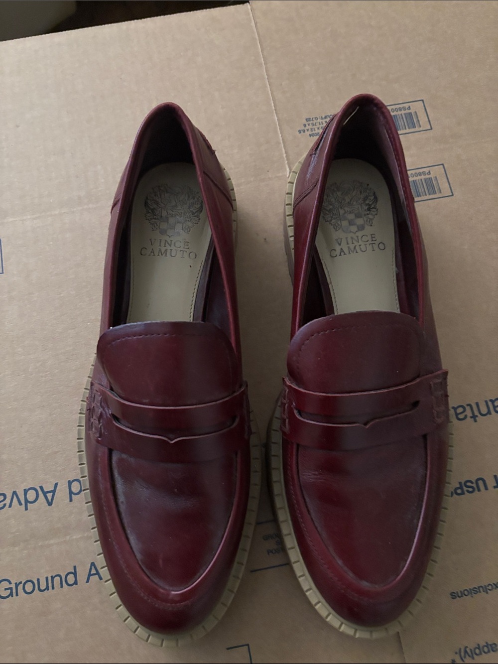 Vince Camuto Burgundy Leather Penny Loafers with Lug Sole